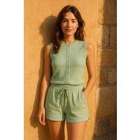STYLEWISE Women's Ribbed Button-Through Sleeveless Top & Shorts Co-ord Set in Pale Green | Size: Small
