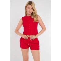 STYLEWISE Women's Ribbed Button-Through Sleeveless Top & Shorts Co-ord Set in Red | Size: Large