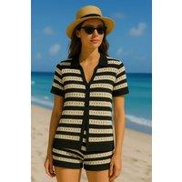 STYLEWISE Women's Stripe Crochet Knit Button Cardigan Top & Micro Shorts Co-ord | Size: Small