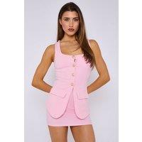 STYLEWISE Women's Longline Button-Through Waistcoat & Mini Skirt Co-ord in Pink | Size: 8