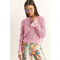 Bianco Lucci Women's Textured Crew Neck Frilly Knit Sweater in Light Pink
