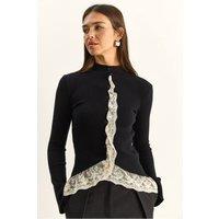 Bianco Lucci Women's Half Turtleneck Ribbed Cardigan in Black