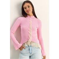 Bianco Lucci Women's Half Turtleneck Ribbed Cardigan in Light Pink