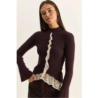 Bianco Lucci Women's Half Turtleneck Ribbed Cardigan in Dark Brown