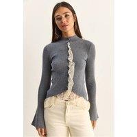 Bianco Lucci Women's Half Turtleneck Ribbed Cardigan in Grey