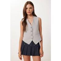 Happiness Istanbul Women's Crop Button Waistcoat in Grey | Size: Medium