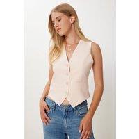 Happiness Istanbul Women's woven button-front waistcoat in Cream | Size: Small