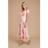 Dorothy Perkins Women's Floral DP Luxe Pink Floral Cape Ruffle Midi Dress | Size: 8