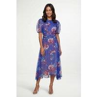 Wallis Women's Floral Mesh Pleated Midi Dress in Blue | Size: 18