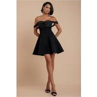 Goddiva Women's Sparkle Chiffon Cowl Bardot Skater Mini Dress in Black | Size: 18
