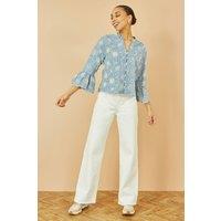 Yumi Women's Blue Daisy Broderie Shirt With Fluted Sleeves | Size: 8