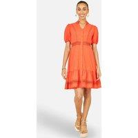Yumi Women's Cotton Lace Trim Skater Shirt Dress in Tangerine | Size: 8
