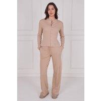 ELAINA FASHION Women's Ribbed Button-Up Co-Ord Set in Beige | Size: Medium/Large