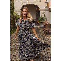 Weird Fish Women's Rhianne Printed Tiered Linen Rich Maxi Dress in Black | Size: 22