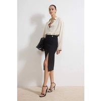 WOVCOR Women's Midi Pencil Skirt with Side Slit & Button Detail Finish in Black | Size: Small