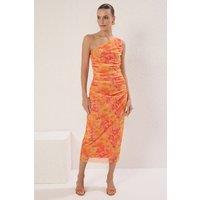 WOVCOR Women's Abstract Print One Shoulder Ruched Midi Dress | Size: Small