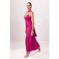 HOXTON GAL Women's Satin Maxi Evening Dress with Spaghetti Straps & Shawl Detail in Fuchsia | Size: 10