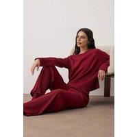 HOXTON GAL Women's Cozy Ribbed Knit Long Sleeve & Wide Leg Pajama Set - 2 Piece in Burgundy | Size: Large