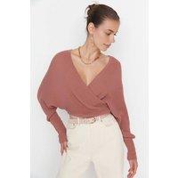 WOVCOR Women's Batwing Sleeve Wrap Front Knitted Jumper in Dusty Pink | Size: Small