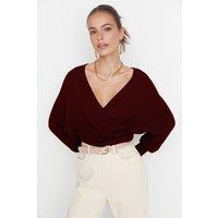 WOVCOR Women's Batwing Sleeve Wrap Front Knitted Jumper in Burgundy | Size: Small