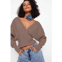 WOVCOR Women's Batwing Sleeve Wrap Front Knitted Jumper in Taupe | Size: Medium