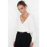 WOVCOR Women's Batwing Sleeve Wrap Front Knitted Jumper in White | Size: Small