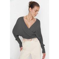 WOVCOR Women's Batwing Sleeve Wrap Front Knitted Jumper in Dark Grey | Size: Small