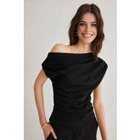 WOVCOR Women's Draped Bardot Neck Ruched Detail Sleeveless Top in Black | Size: Medium