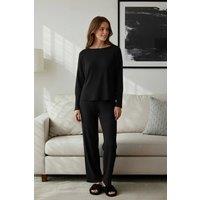 WOVCOR Women's Soft Touch Long Sleeve Pyjama Top & Wide Leg Trouser Set in Black | Size: Small