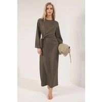 WOVCOR Women's Tie Waist Long Sleeve Woven Maxi Dress in Khaki | Size: 8