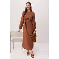WOVCOR Women's Tie Waist Long Sleeve Woven Maxi Dress in Light Brown | Size: 8