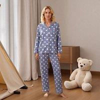 Ella Women's Elegant Long Sleeve Polka Dot Pyjamas Set in Blue | Size: XS