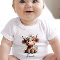 Aye Do Gifts Personalised Daisy Highland Cow Baby Outfit - Vest in White | Size: Newborn