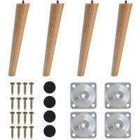 Living and Home 4Pcs 20cm Natural Oak Angled Round Tapered Furniture Legs with Fixing Plate