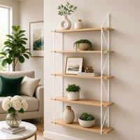 SPOT ON DEALZ 5 Tier white floating shelves with MDF Oak wood & metal wire frame