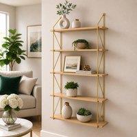 SPOT ON DEALZ 5 Tier Gold floating shelves with MDF Oak wood & metal wire frame