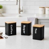 Almineez Stylish 3 Tea Coffee Sugar Jar Canisters with Bamboo Lids Black