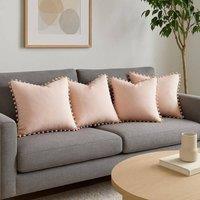 Luxury Living Set of 4 Velvet Cushions with Pom Trim with pads in Pink | Size: 43 cm x 43 cm