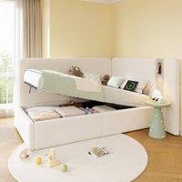 Merax 3ft Single L-shaped Velvet Upholstered Daybed with Storage & USB Light in Beige
