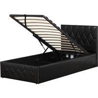 Modernique Black Faux Leather Ottoman Storage Bed with Pockets & Mobile Charger | Size: Double