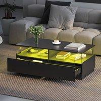 KEEPREAPER Modern Rectangular Coffee Table with LED Light & 2 Drawers in Black