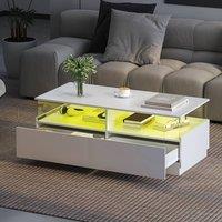 KEEPREAPER Modern Rectangular Coffee Table with LED Light & 2 Drawers in White