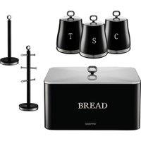 Geepas Retrovive 6 Pc Tea Coffee Sugar Canister, Bread Bin, Mug Tree & Towel Pole Set in Black