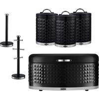 Geepas 6 Pc Tea Coffee Sugar Canister, Bread Bin, Mug Tree & Towel Pole Set in Black