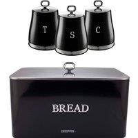 Geepas Retrovive 4 Pc Tea Coffee Sugar 1.4L Canisters & 13L Bread Bin Set in Black