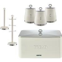 Geepas Retrovive 6 Pc Tea Coffee Sugar Canister, Bread Bin, Mug Tree & Towel Pole Set in Cream