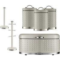 Geepas 6 Pc Tea Coffee Sugar Canister, Bread Bin, Mug Tree & Towel Pole Set in Cream