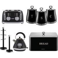 Geepas Retrovive 1.7L Kettle & Toaster Set of 3 Tea Coffee Sugar Canister, Bread Bin, Mug Tree & Towel Pole Set in Black
