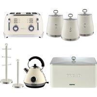 Geepas Retrovive 1.7L Kettle & Toaster Set of 3 Tea Coffee Sugar Canister, Bread Bin, Mug Tree & Towel Pole Set in Cream