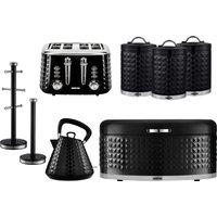 Geepas Argyle 1.8L Kettle & Toaster Set of 3 Tea Coffee Sugar Canister, Bread Bin, Mug Tree & Towel Pole Set in Black